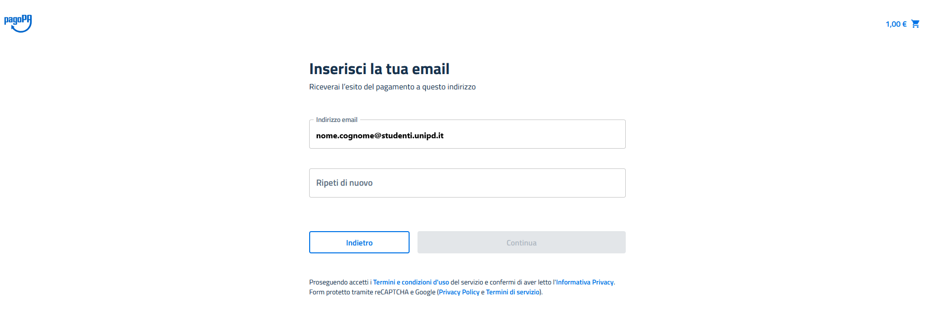 Schermata per l'inserimento dell'indirizzo email personale