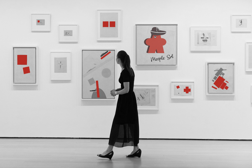 Arte minimalista con forme rosse e grigie su sfondo bianco.